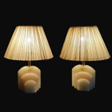 Pair of Art Deco marble alabaster pleated shade table lamps vintage