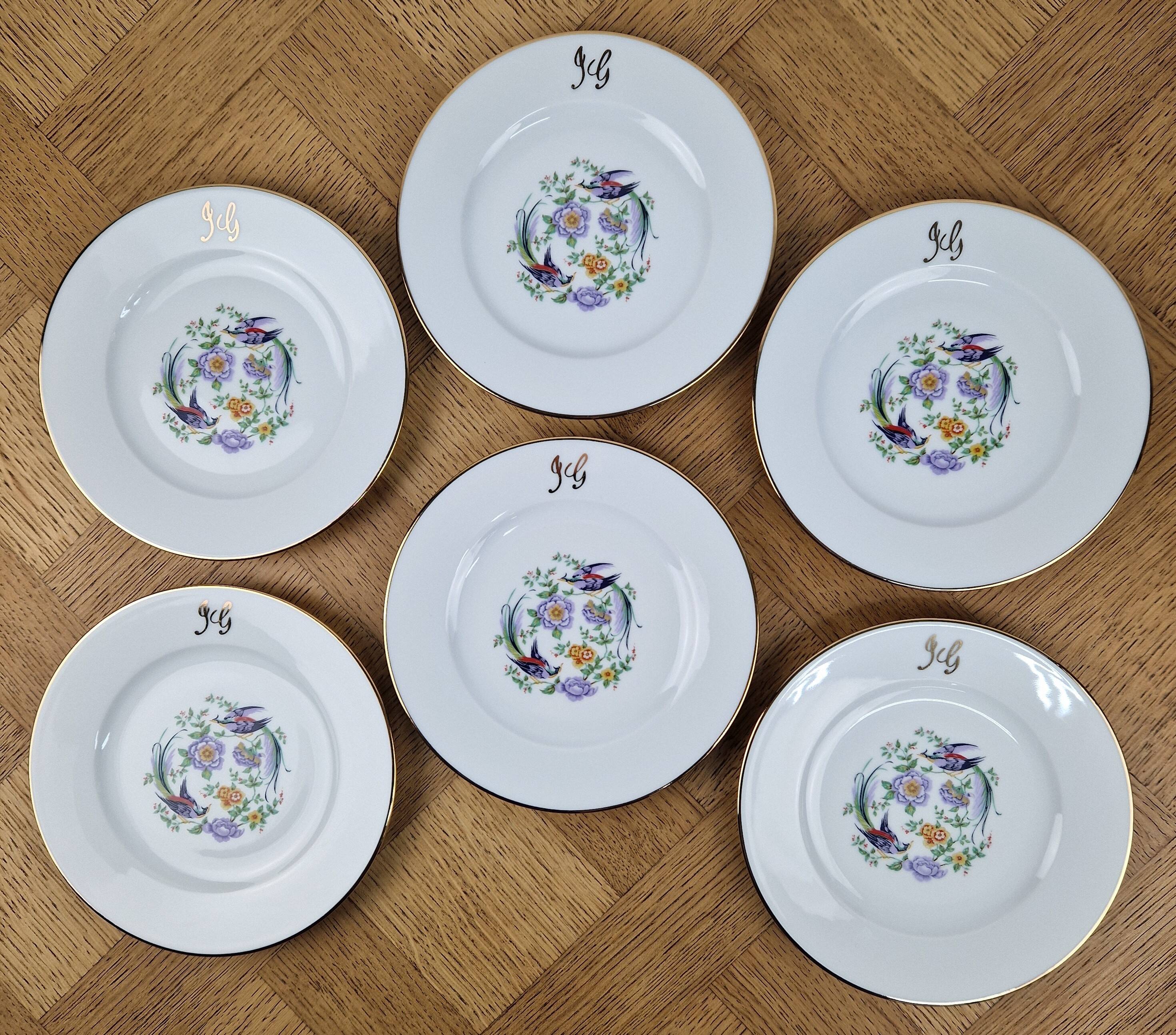 Set of 6 vintage dessert plates Limoges porcelain paradise bird