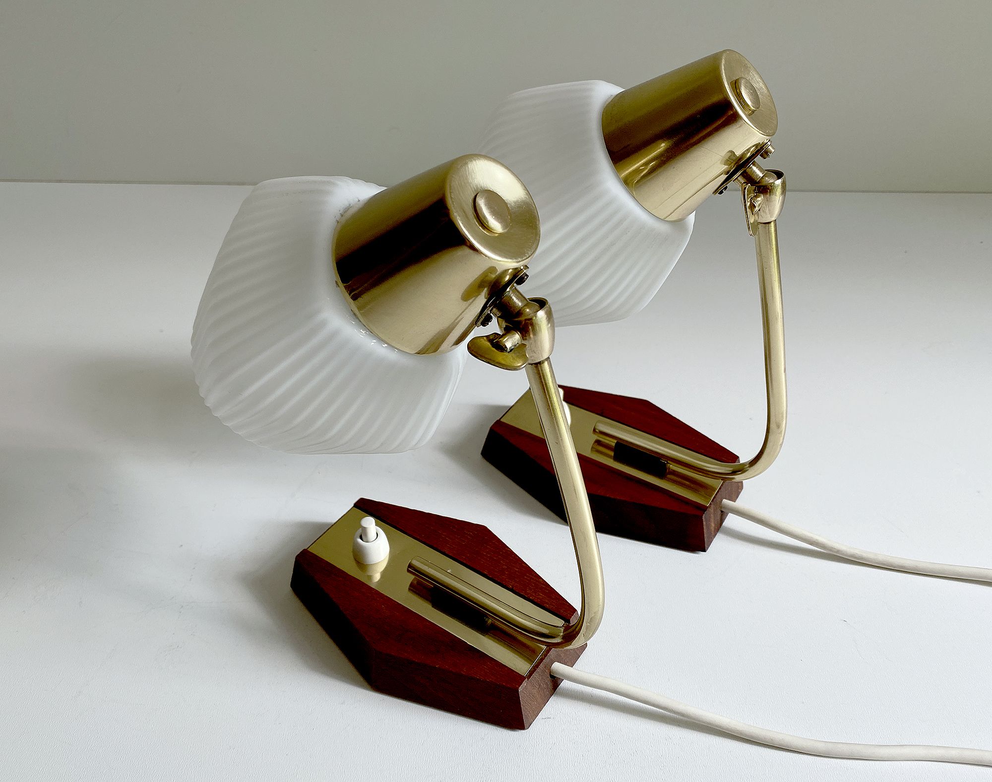 Pair of Scandinavian vintage table or bedside lamps, teak and glass, 60s