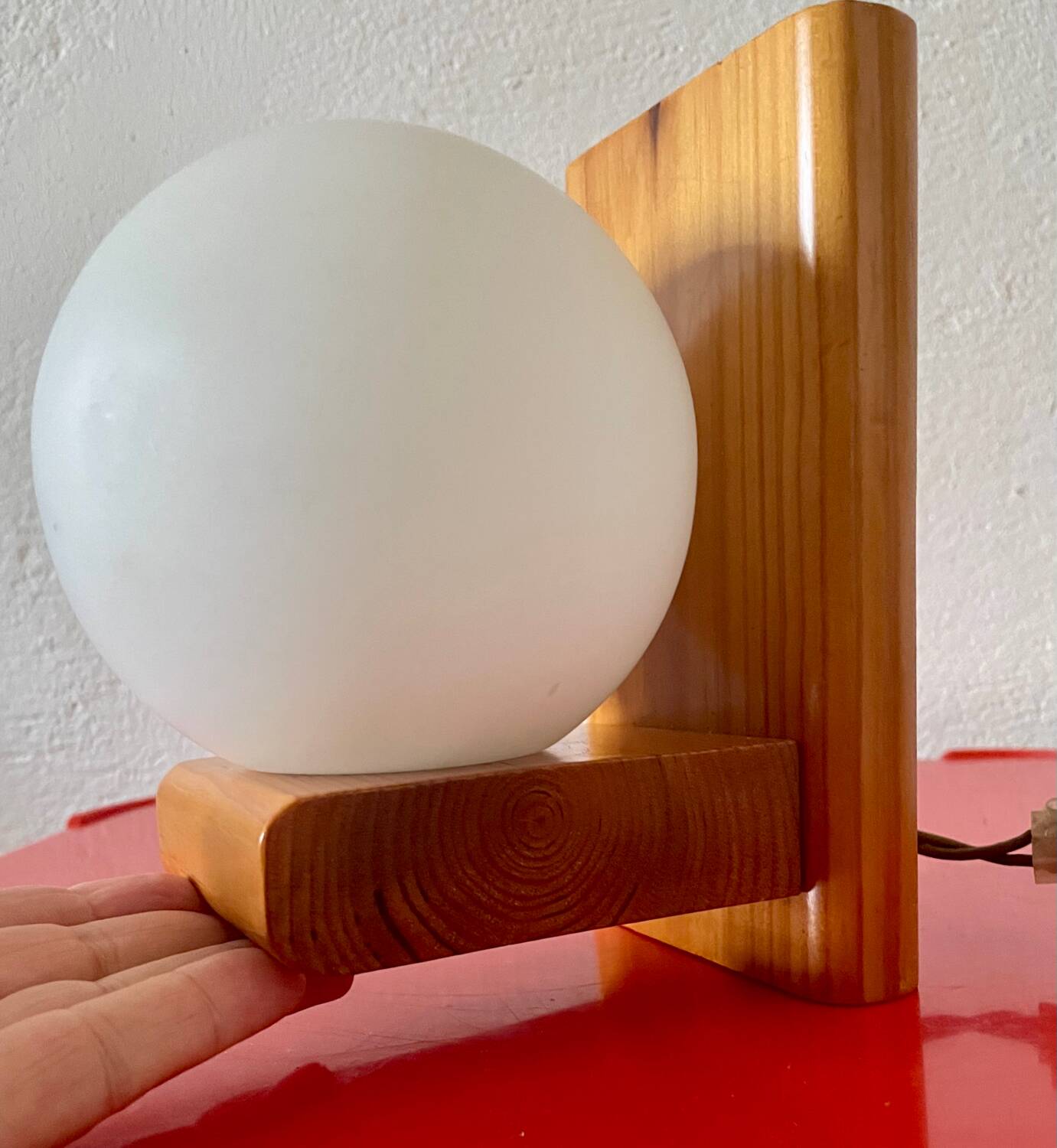 Vintage pine wall lamp with opaline globe