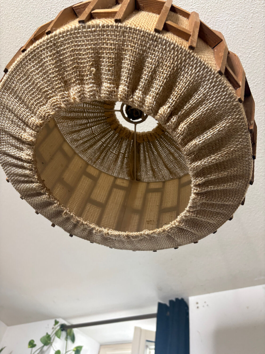 Scandinavian pendant light from the 1960s, made of wood and fabric