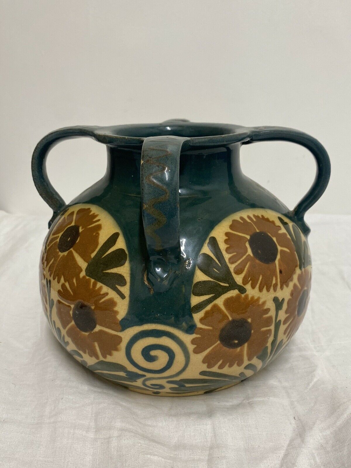 Vase Elchinger ceramic 4 detached handles polychrome floral decoration