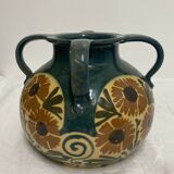 Vase Elchinger ceramic 4 detached handles polychrome floral decoration