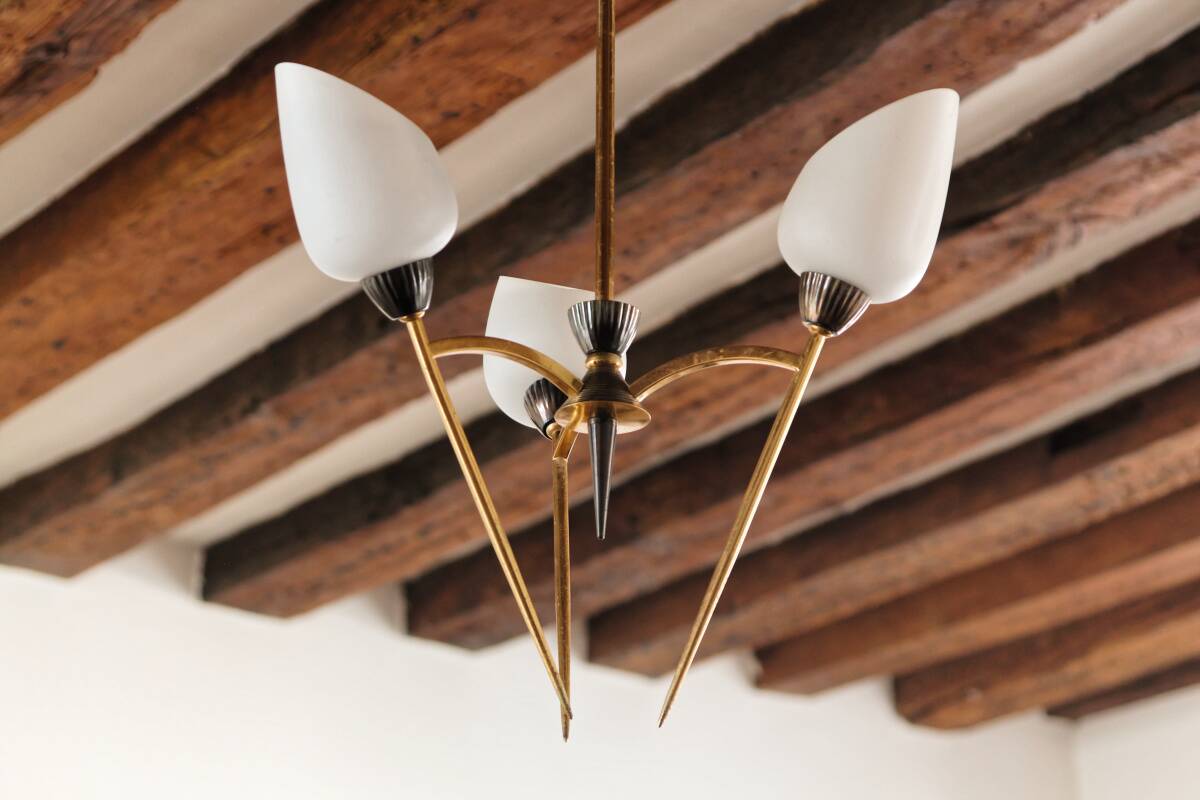 60s chandelier, brass and opaline