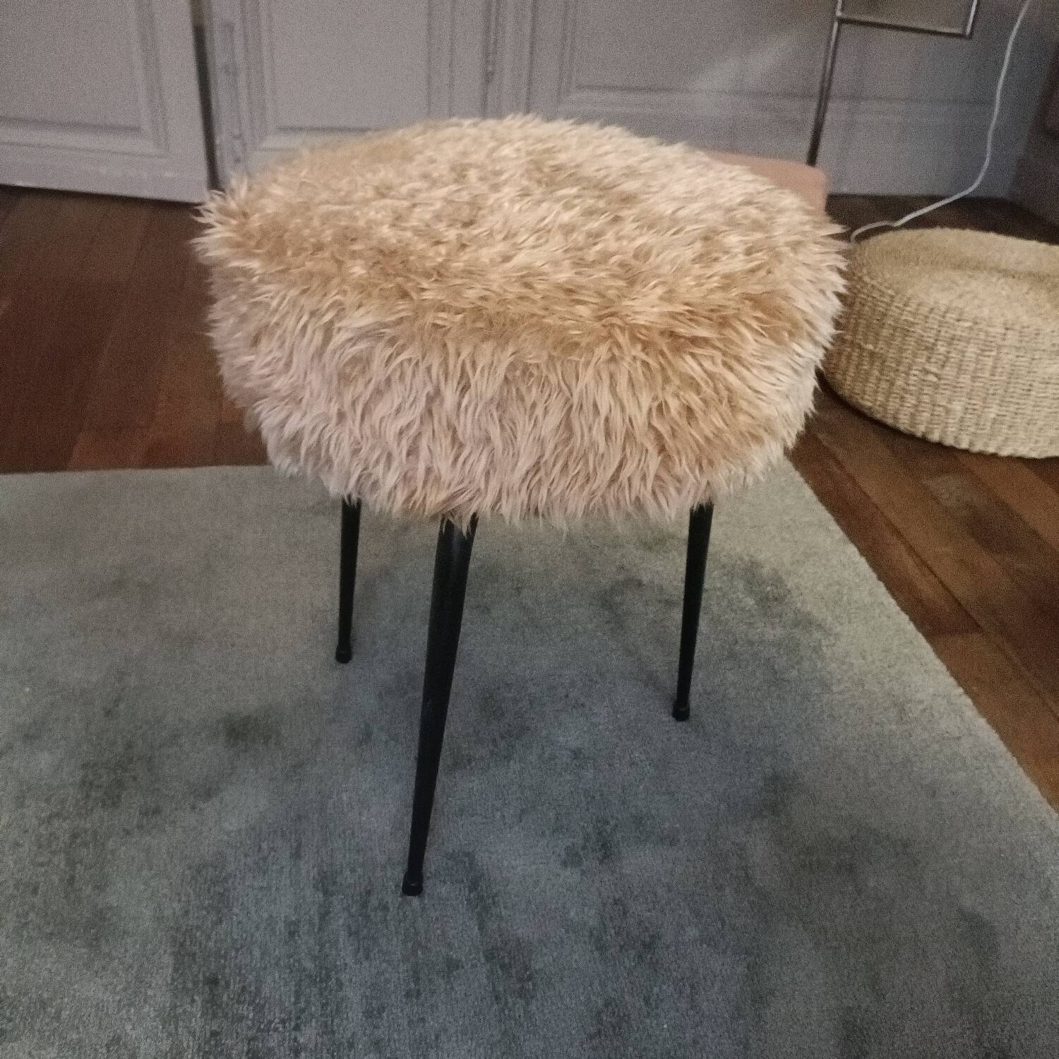 Beige faux fur tripod stool