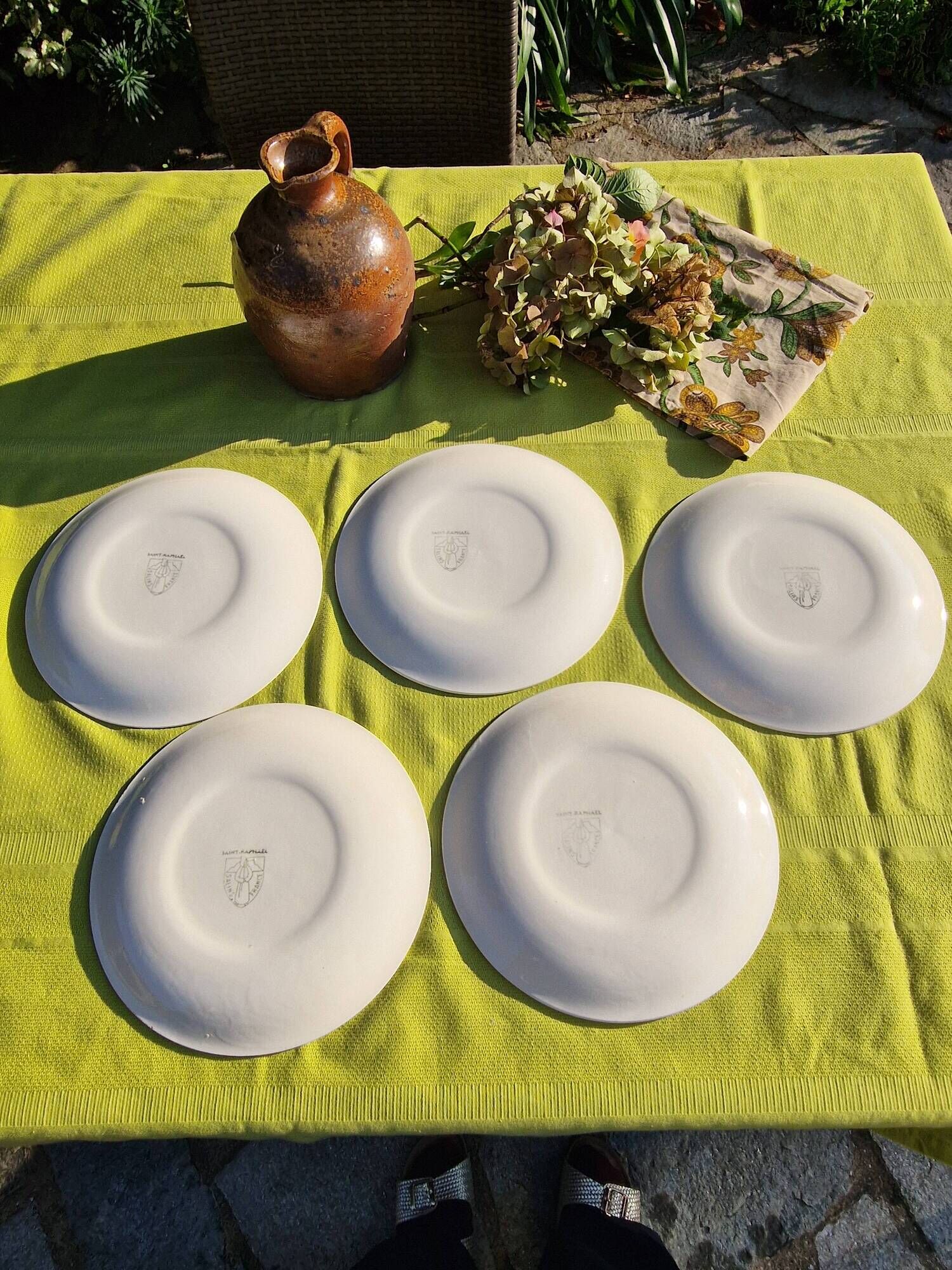 Set of 5 salins flat plates, saint raphael model, yellow checks, 24 cm, 60s
