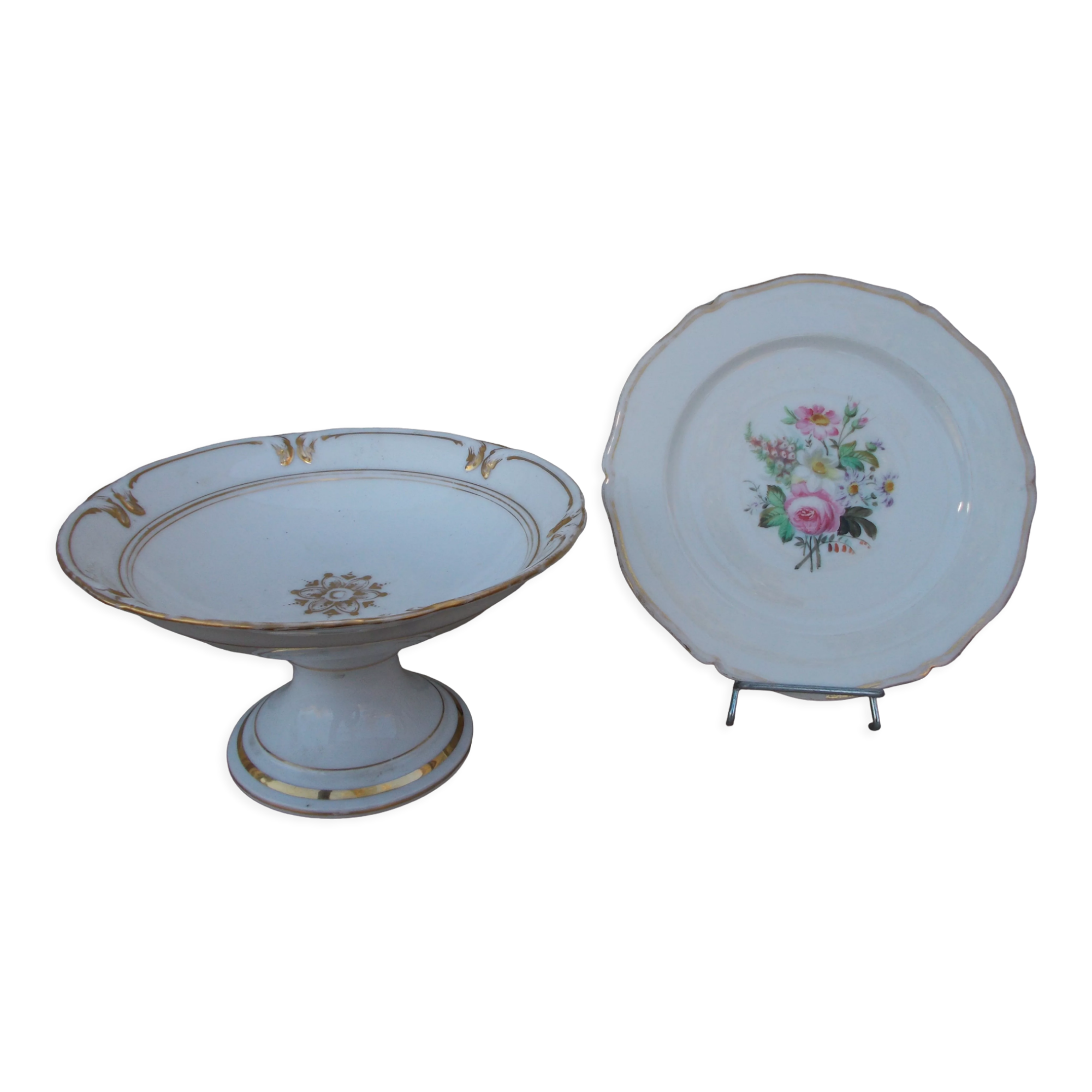 Compotier et assiette peinte porcelaine Vieux Paris XIXème