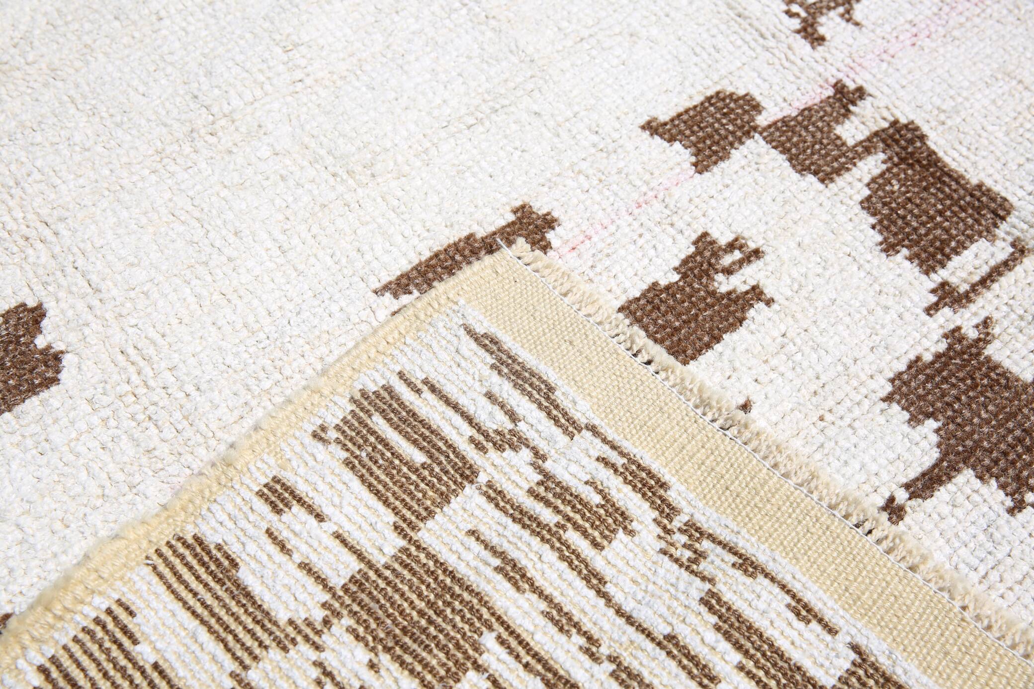 Tapis vintage surdimensionné fait main en laine 100 % crème et marron, 208x303 cm