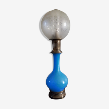 Blue opalescent glass kerosene lamp, electrified
