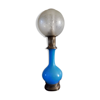 Blue opalescent glass kerosene lamp, electrified