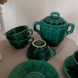 Iridescent green tea or coffee service in Lunéville K&G earthenware. 6 cups and an Art Deco sugar bowl