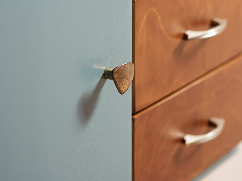 Pair of vintage bedside tables completely redesigned in blueberry on compass feet in solid oak tinted teak