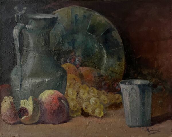 Tableau HST ''Nature morte aux pêches et pichet'' XIX° signé