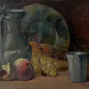 Tableau HST "Still Life with Peaches and Jug" 19th century signed