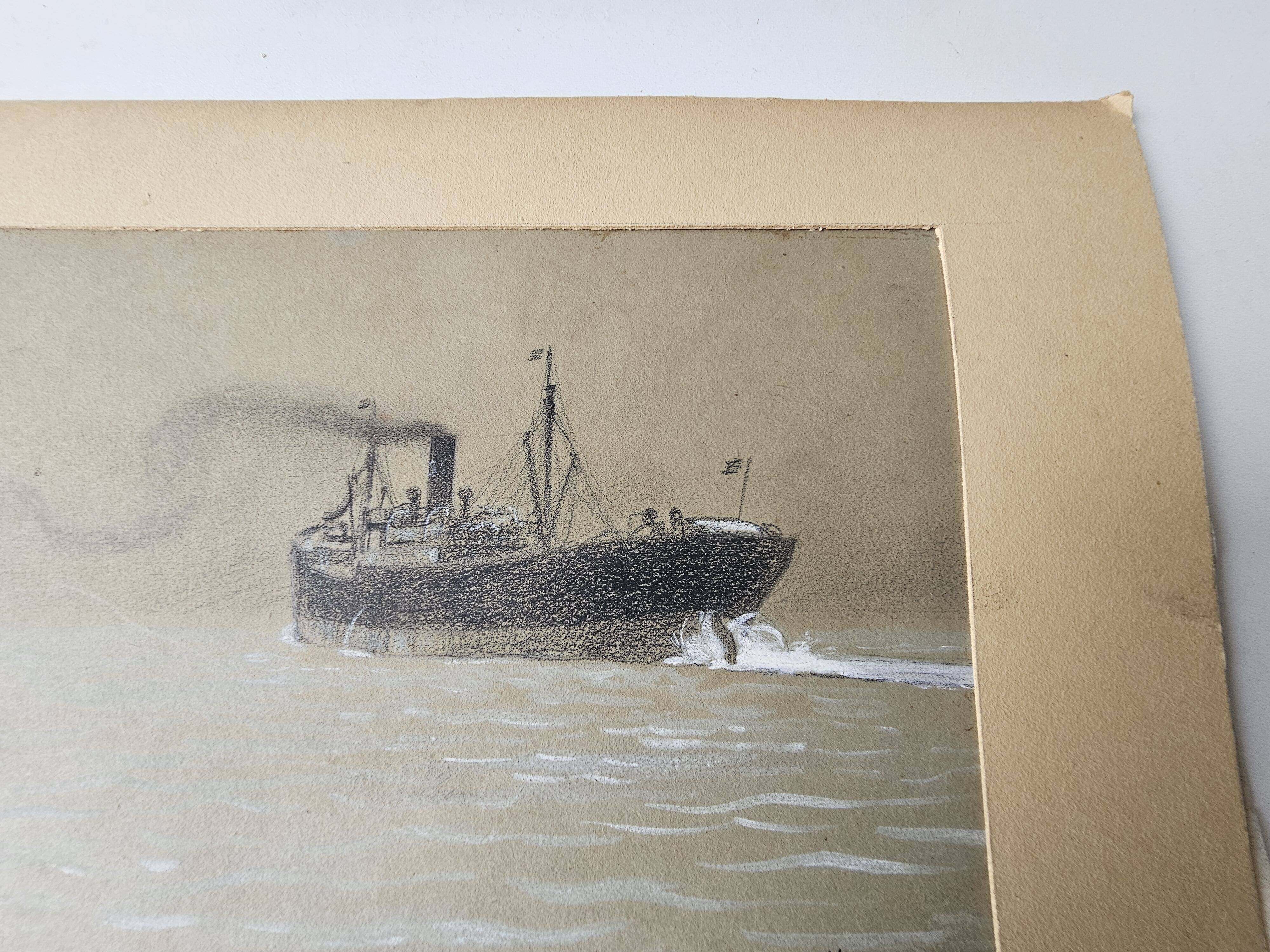 Watercolor of the Black Ocean Liner at Sea Signed TABOUREAU Georges known as Sandy-Hook (1879)