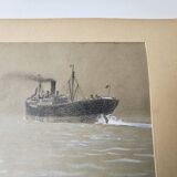 Watercolor of the Black Ocean Liner at Sea Signed TABOUREAU Georges known as Sandy-Hook (1879)