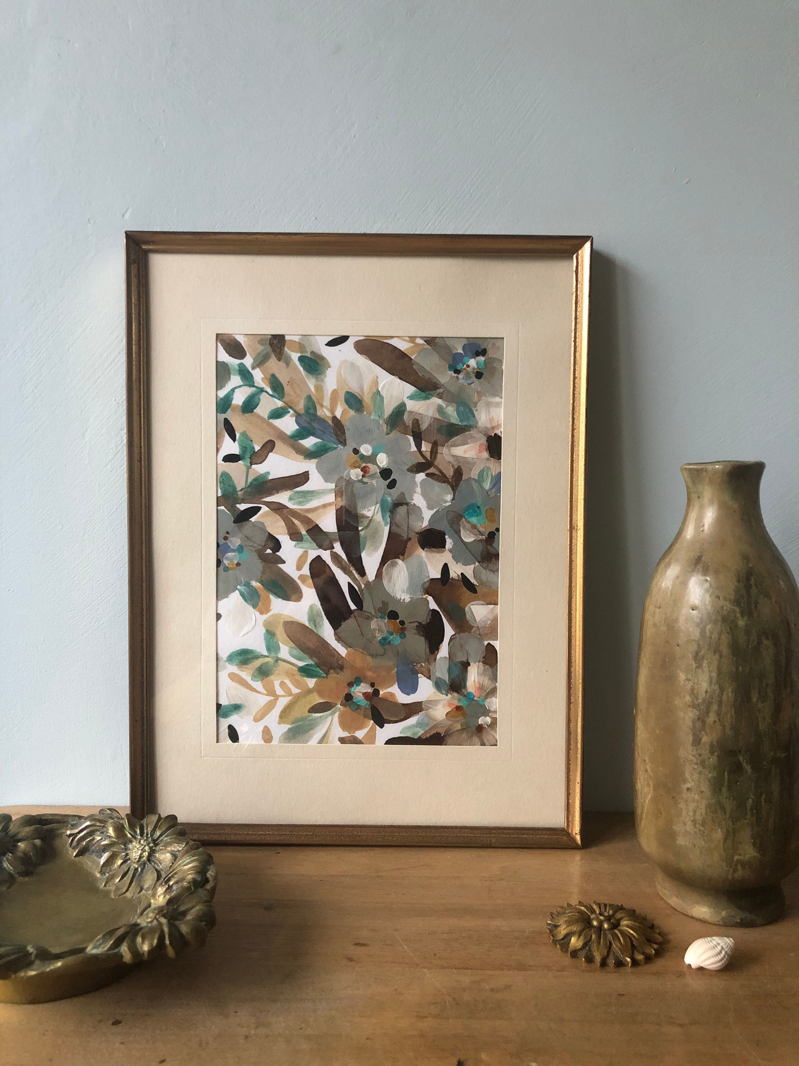 Peinture acrylique encadrée feuillage et lumière dorée