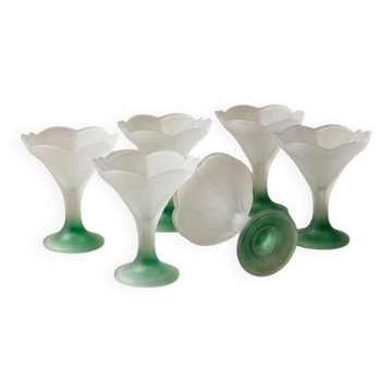 Lot de 6 coupes à dessert Art Déco en verre givré et pied dégradé émer