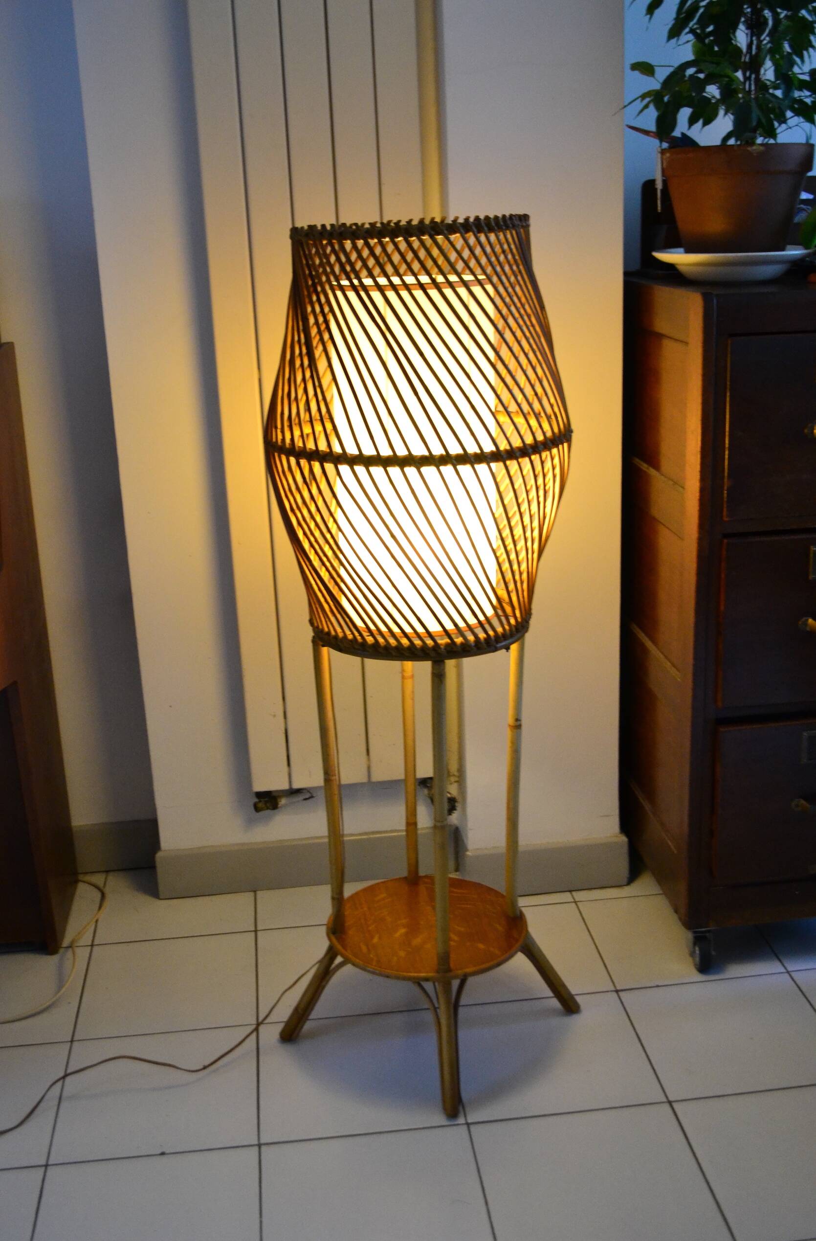 Bamboo rattan floor lamp from the 1960s in the Audoux Minet style.