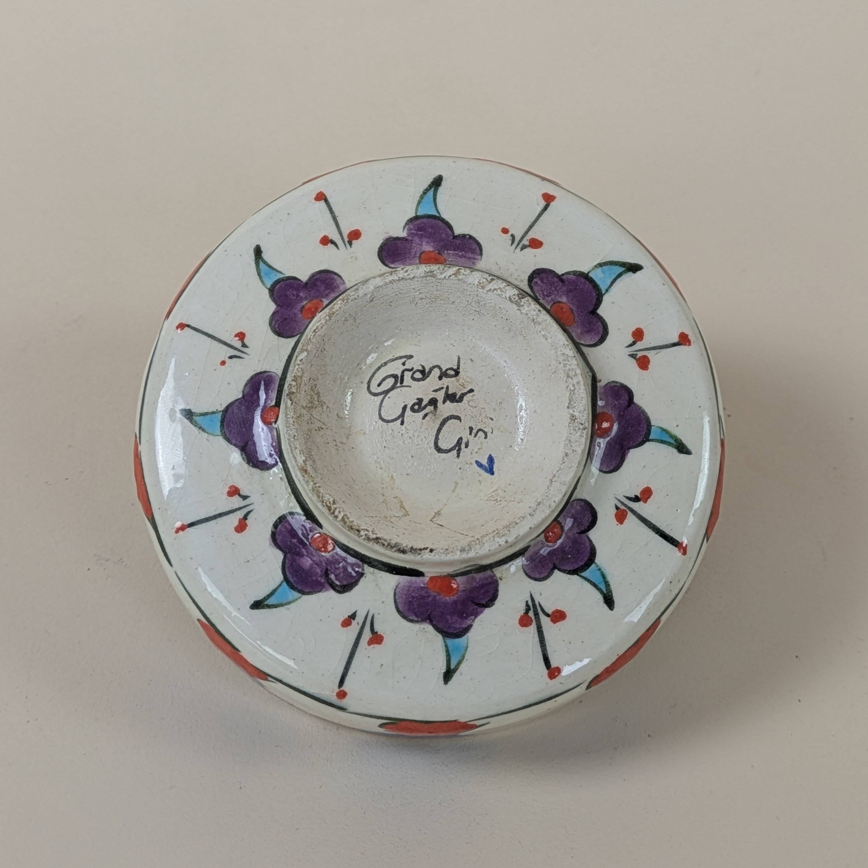 Cendrier céramique peint main motif floral vintage décoration bleu