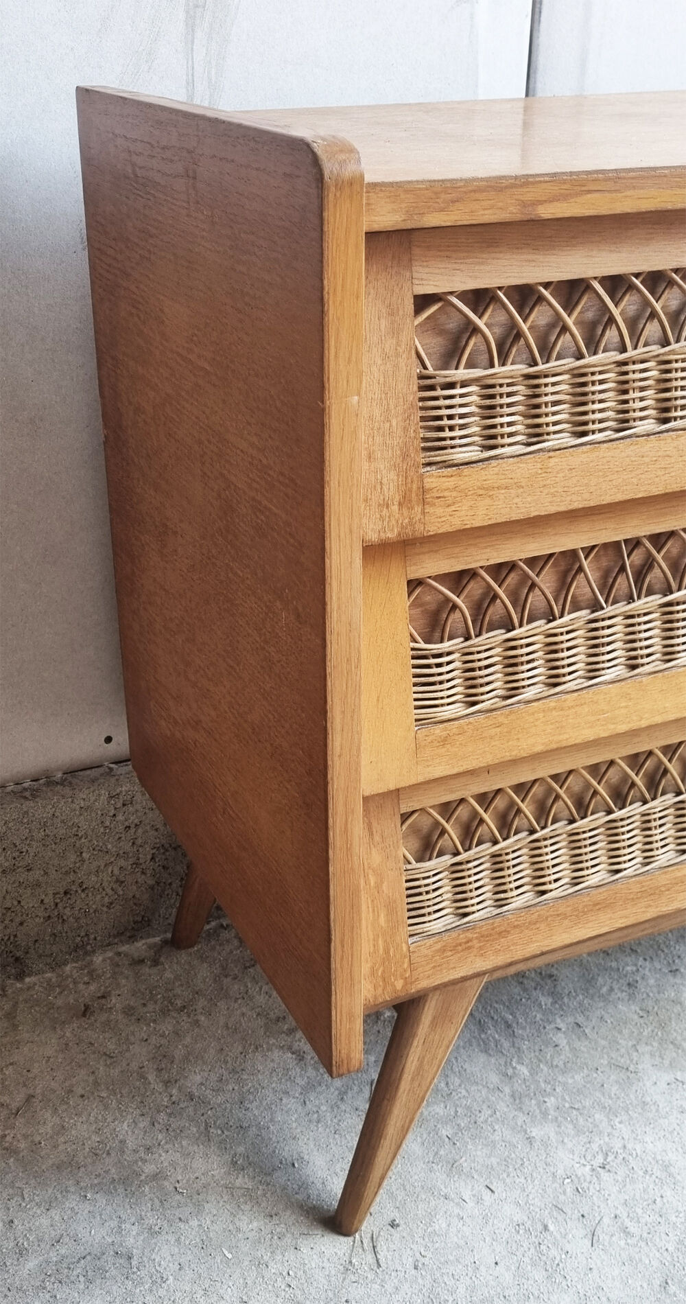 Wood chest of drawers and rattan cross, vintage, 60s