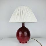 Purple ceramic ball lamp with wool shade, vintage.