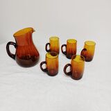 Amber glass decanter and its 5 glasses
