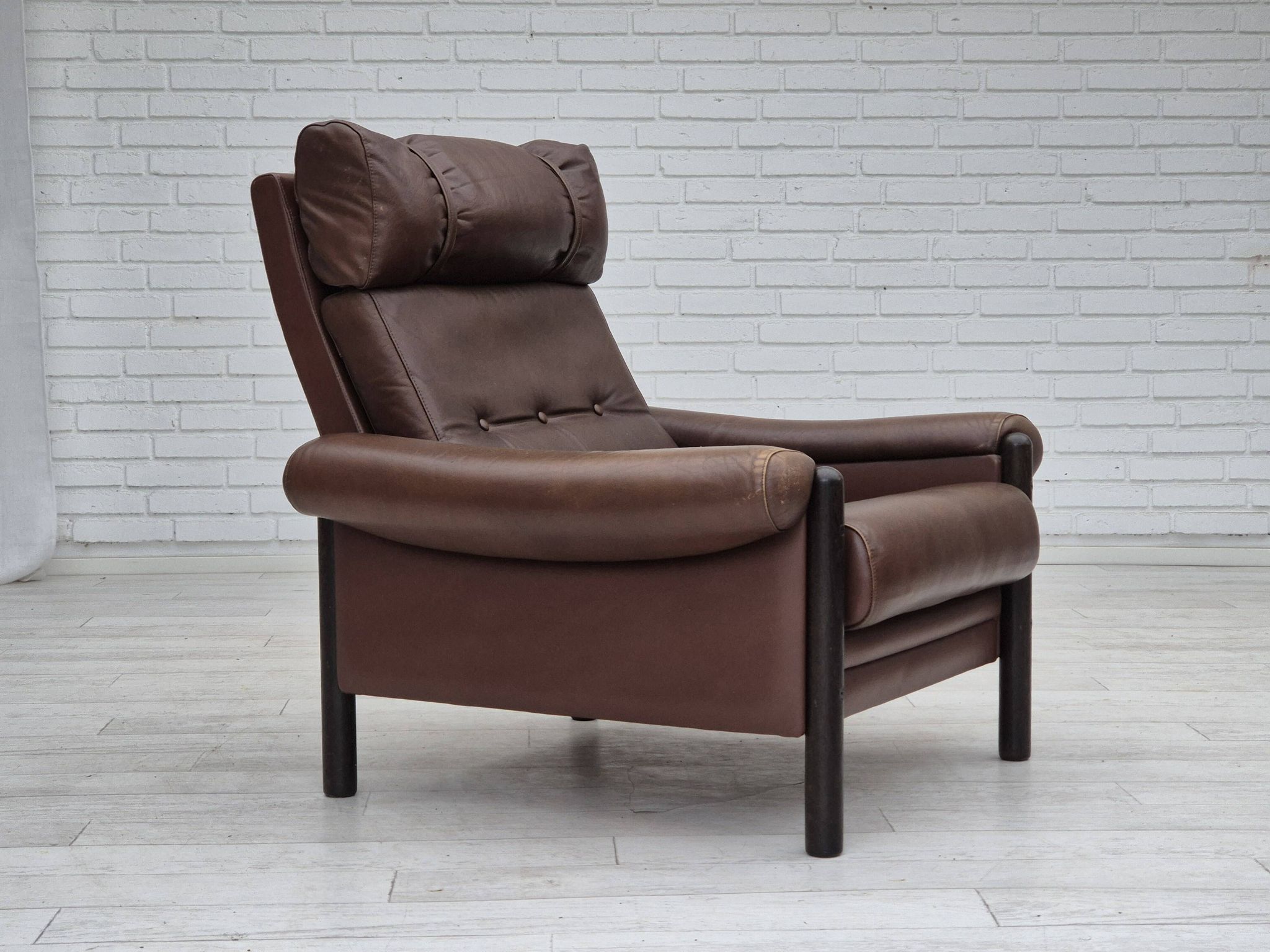 1970s, Danish armchair, original condition, furniture leather, dark oak wood.