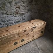 Old French industrial workshop furniture in pine / storage bench, circa 1880–1900