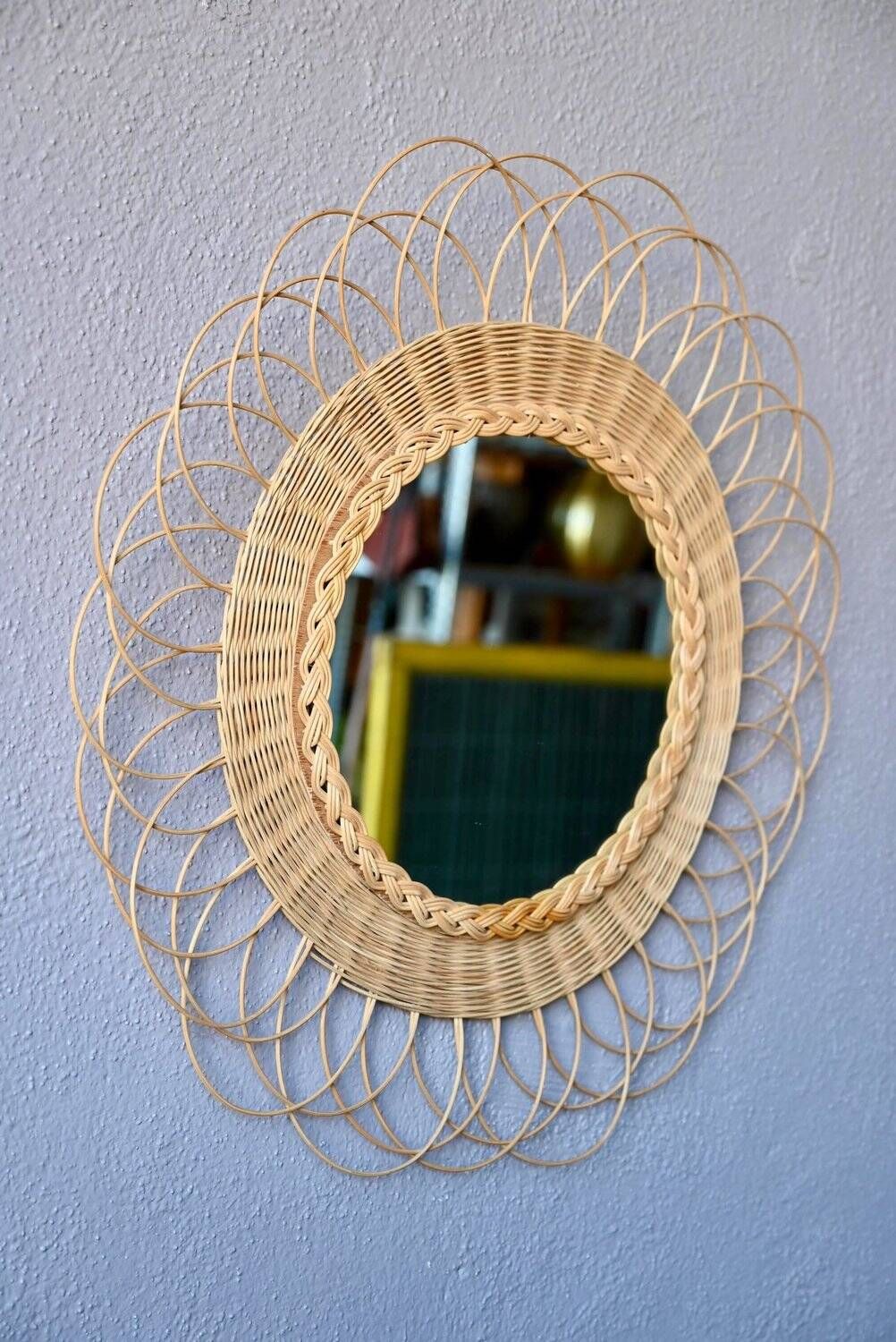 Round woven rattan wall mirror flower sun bohemian 80s signed Dillense
