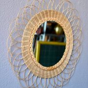 Round woven rattan wall mirror flower sun bohemian 80s signed Dillense