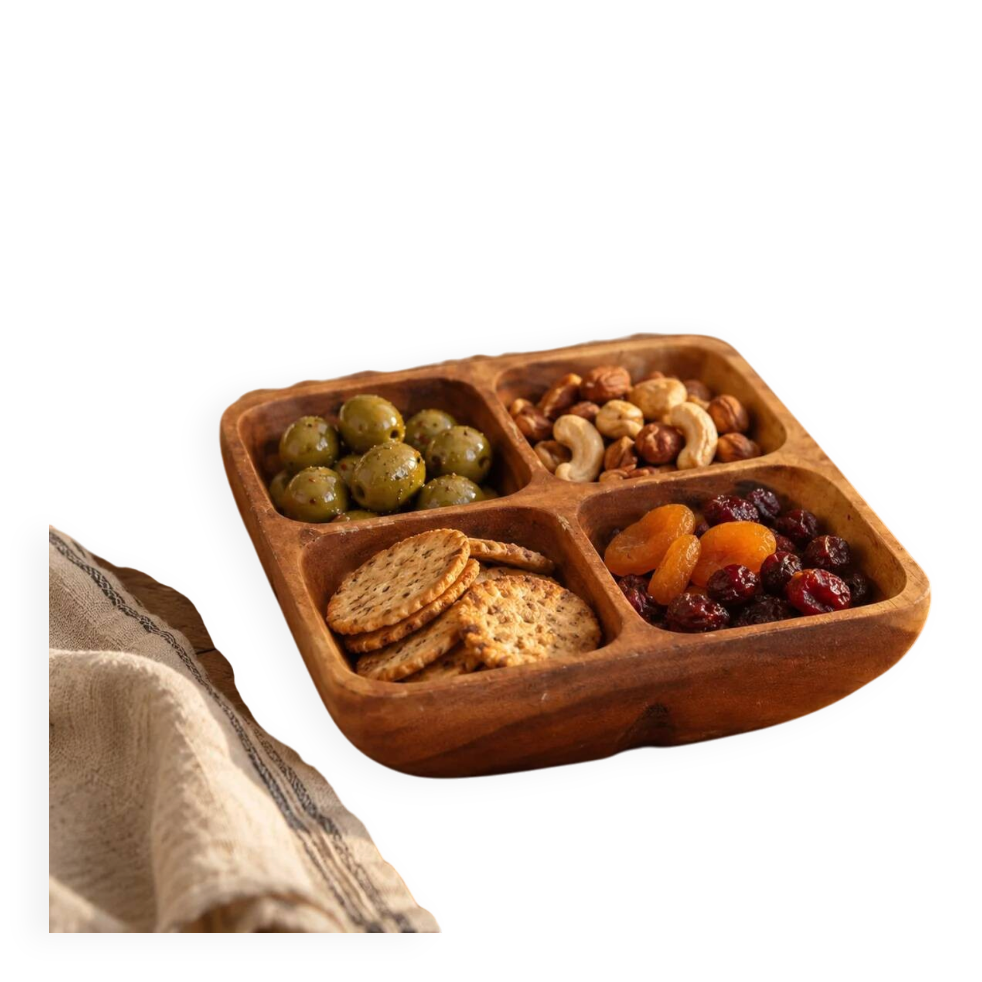 Vintage exotic wood aperitif platter – 4-compartment monkey pod style dish