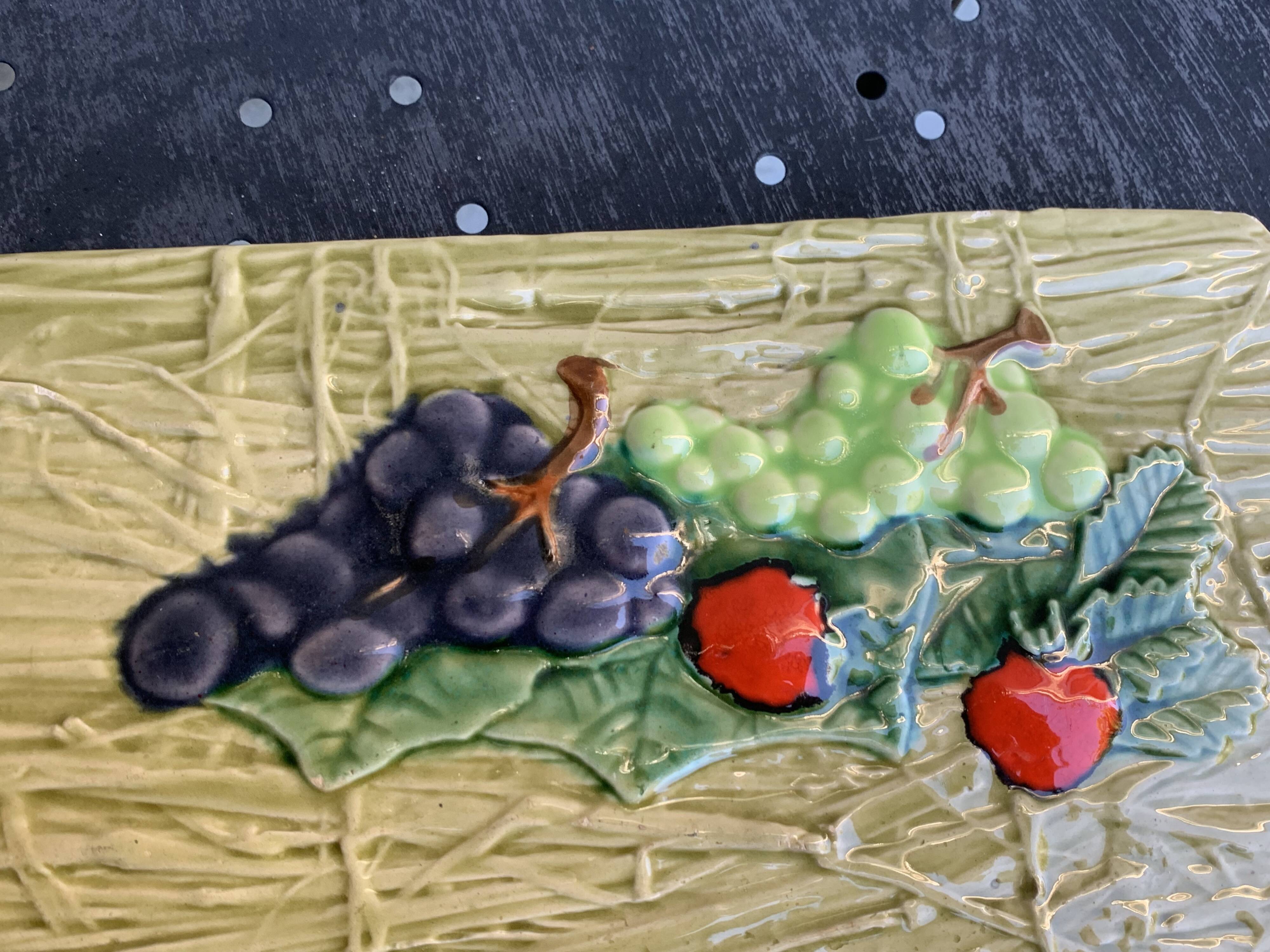 Rectangular cake dish in enameled ceramic, slip, fruit model, straw effect, vintage