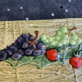 Rectangular cake dish in enameled ceramic, slip, fruit model, straw effect, vintage