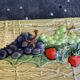 Plat a cake rectangulaire en ceramique emaillée, barbotine, modele les fruits, effet paille, vintage