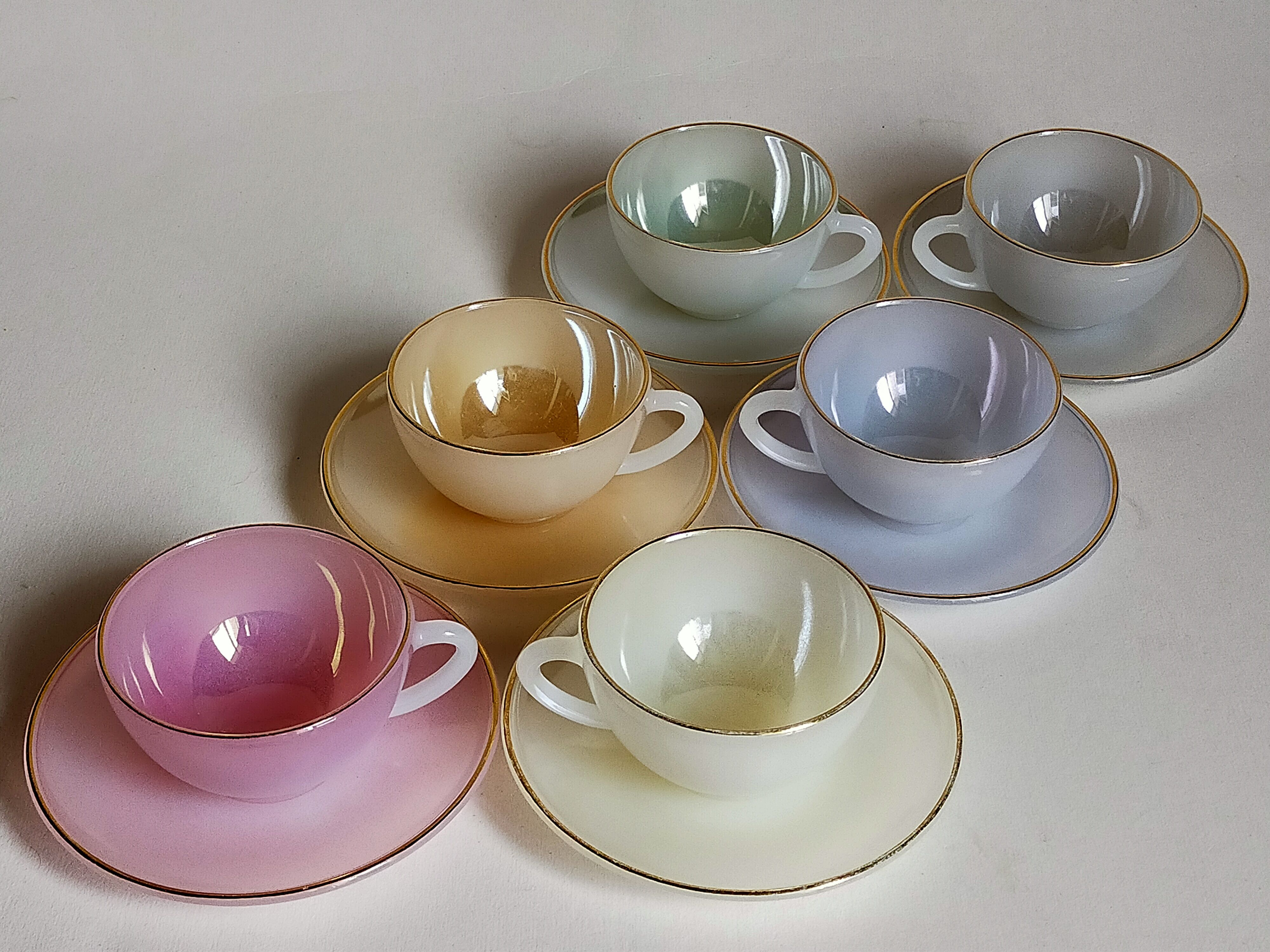 Six vintage iridescent pastel arcopal opaline cups
