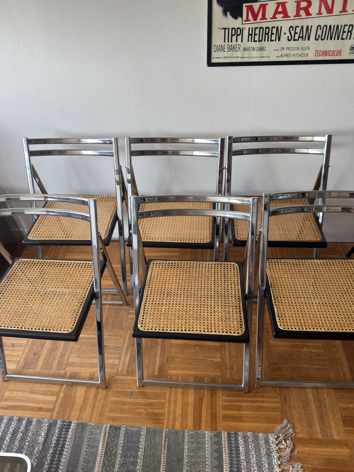 Set of 6 Italian chairs in chrome and cane.