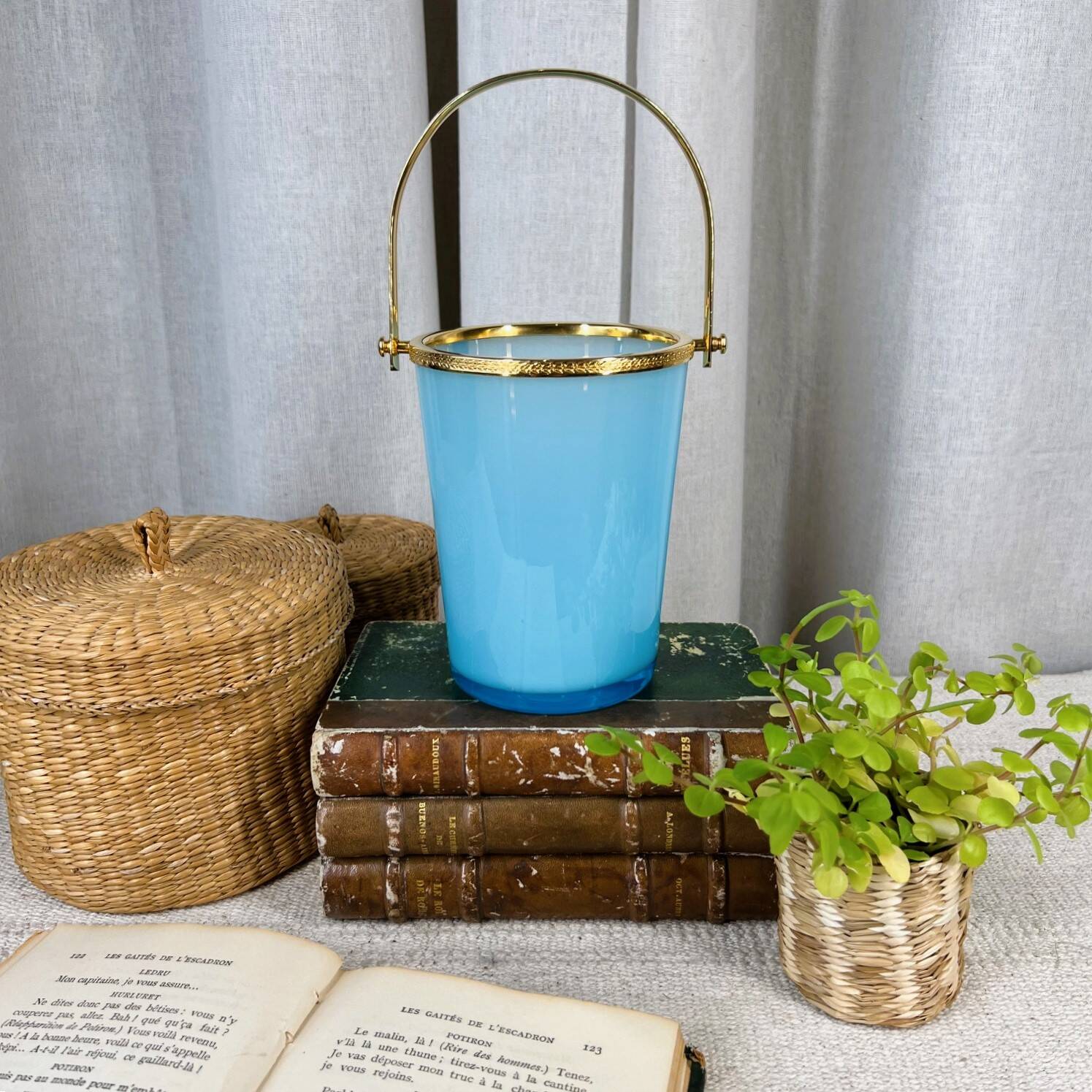 Vintage ice bucket in blue opaline and gold metal