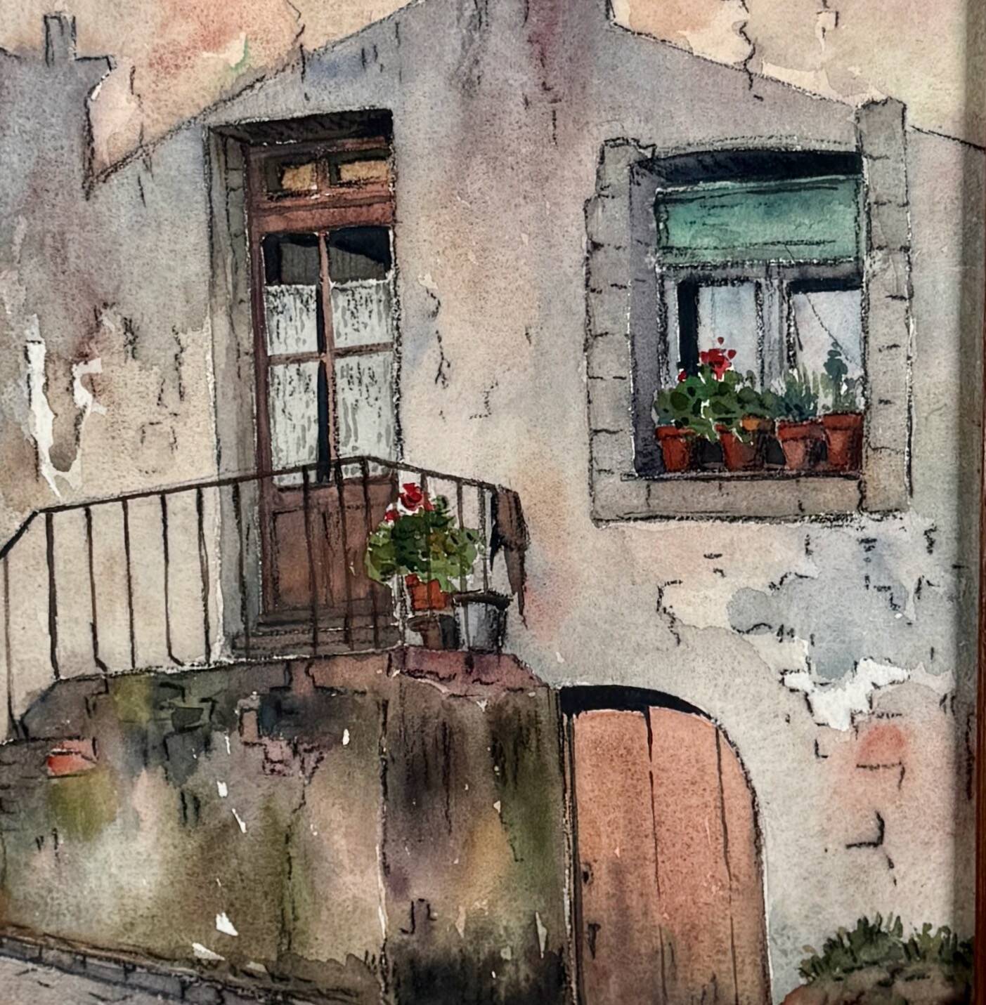 Watercolour on paper depicting the entrance of a house from the early 20th century.