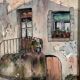 Watercolour on paper depicting the entrance of a house from the early 20th century.