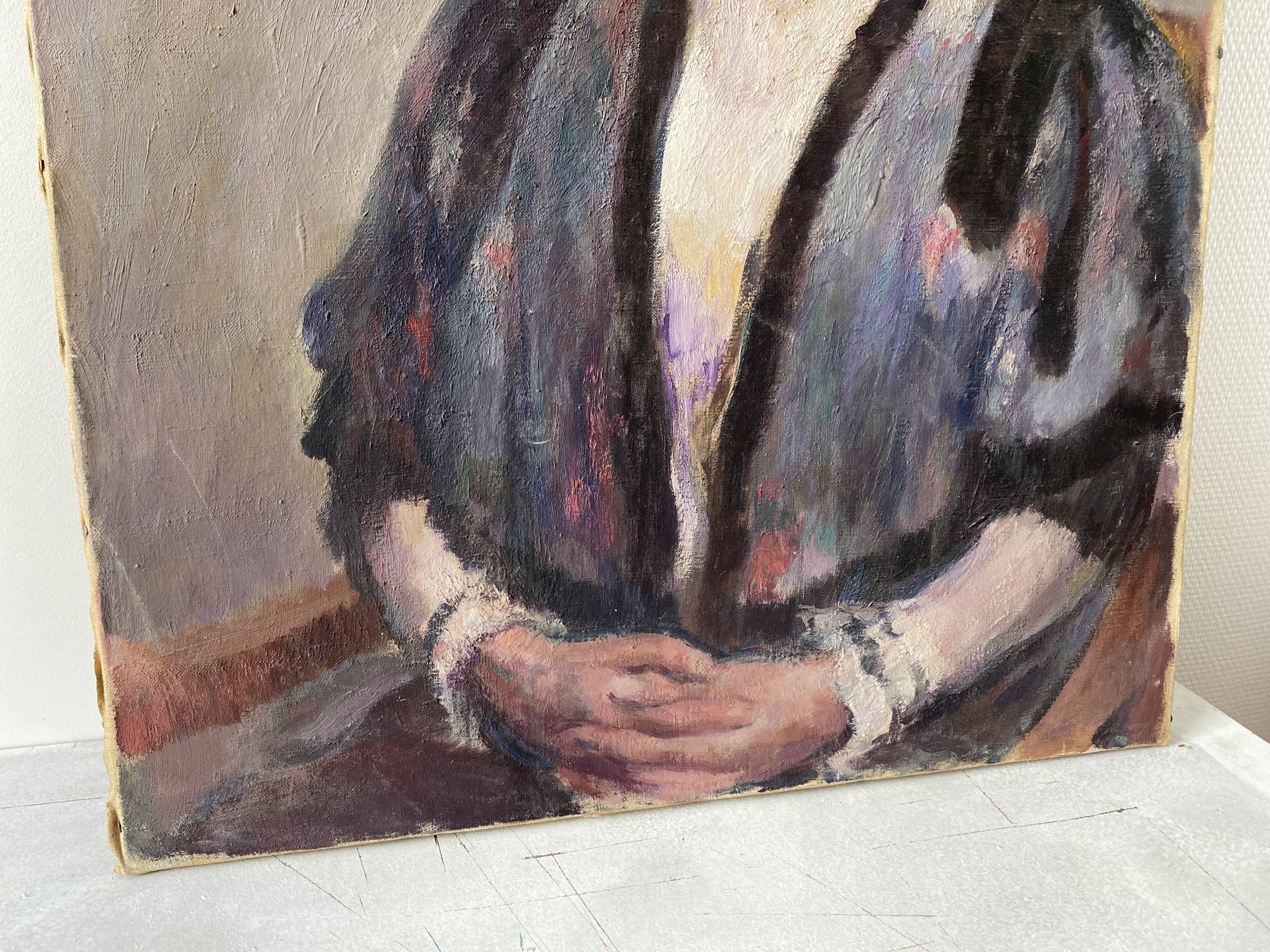 Old portrait signed Fernand Blondin dated 1932, vintage oil on canvas of a woman