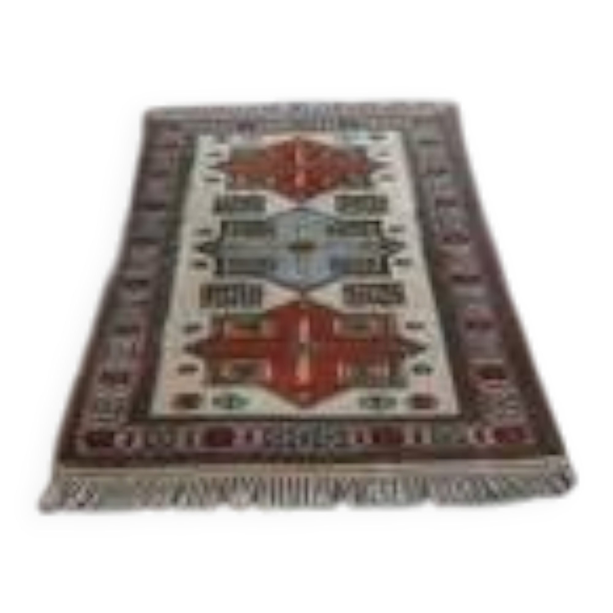1960's Vintage Turkish Milas Handmade Wool Cotton Red Blue Area Rug 130x180