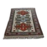 Tapis d'aire vintage turc Milas fait à la main en laine et coton rouge et bleu des années 1960 130x180
