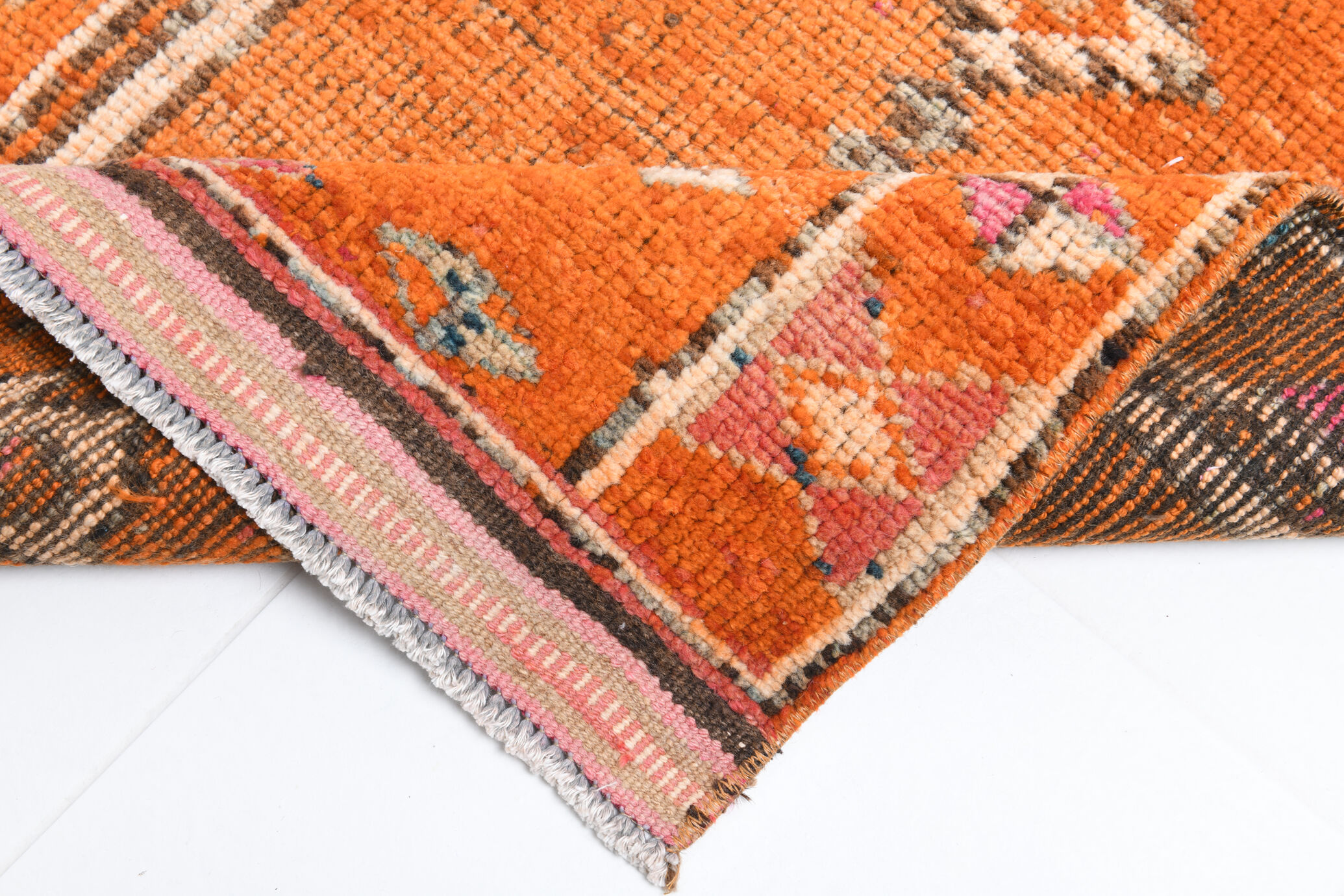 3x12 orange & beige long turkish vintage runner rug 387x87cm