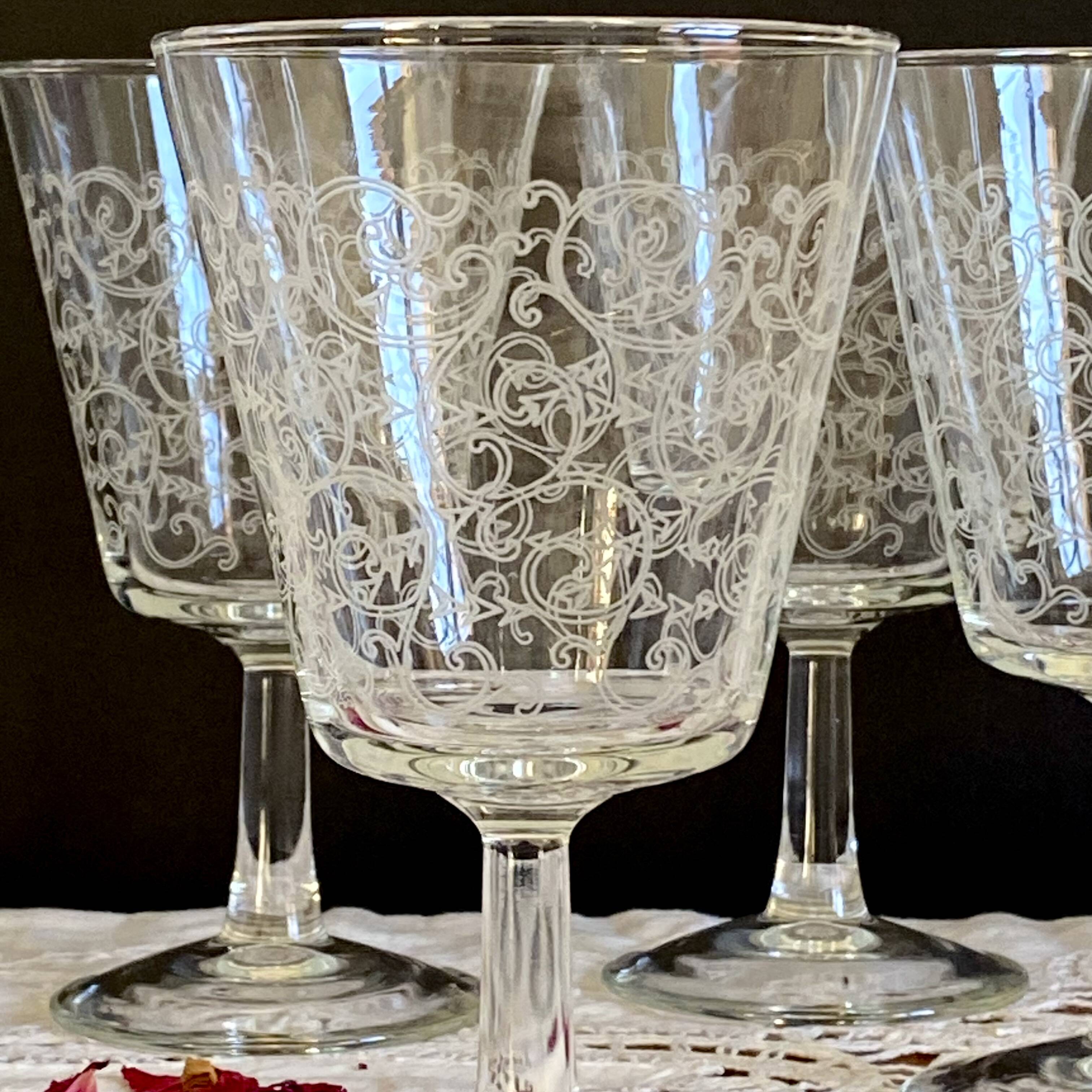 6 large antique wine or water glasses engraved with arabesques