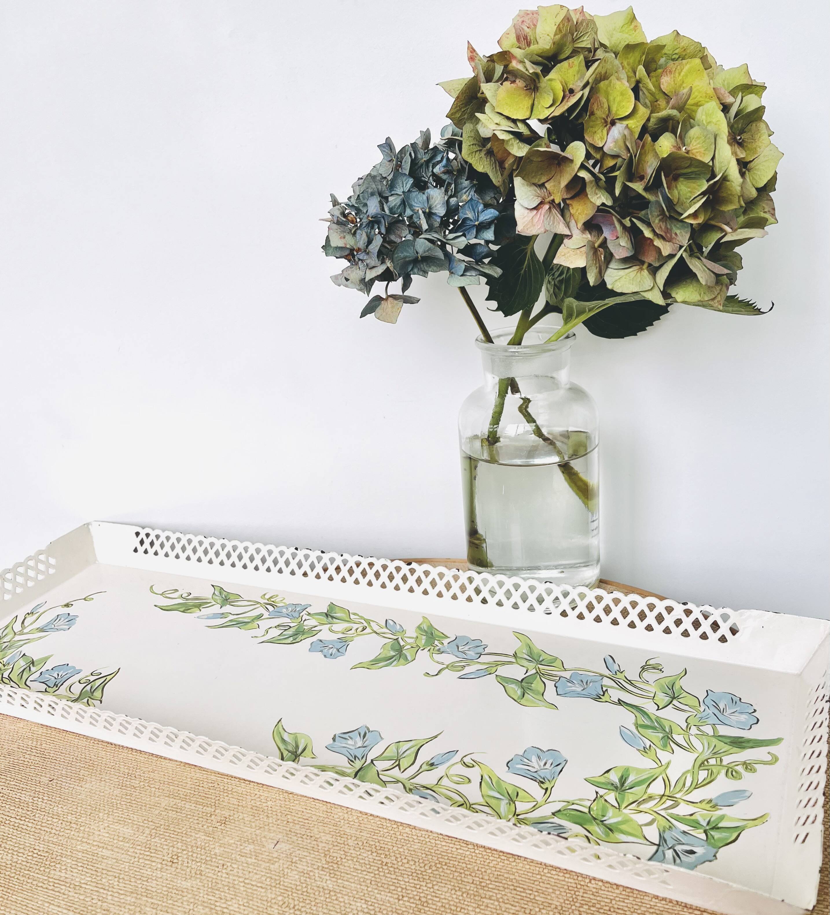 Large painted sheet metal tray with flower decoration