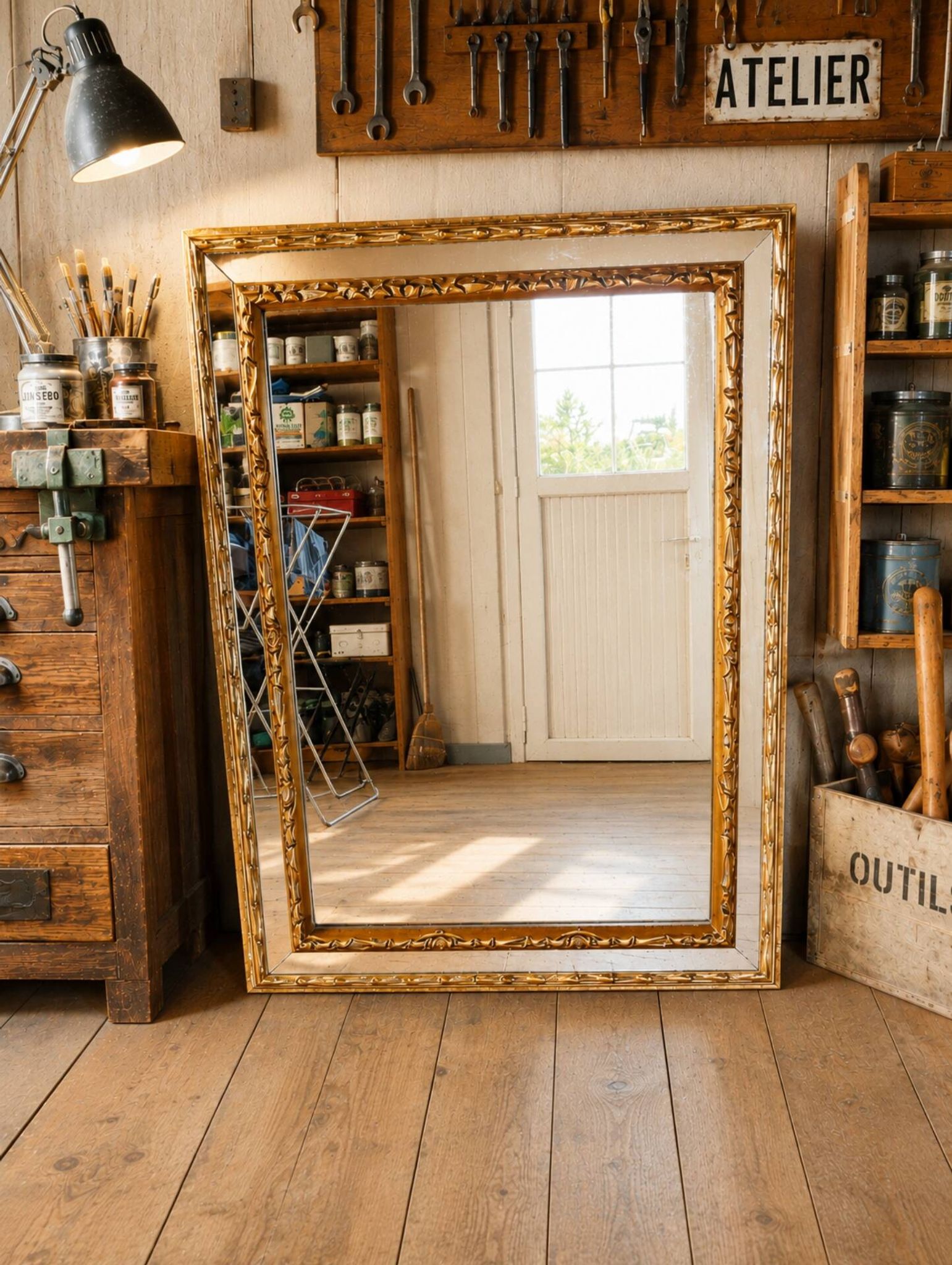 Miroir mural ancien en bois doré – glace Saint-Gobain
