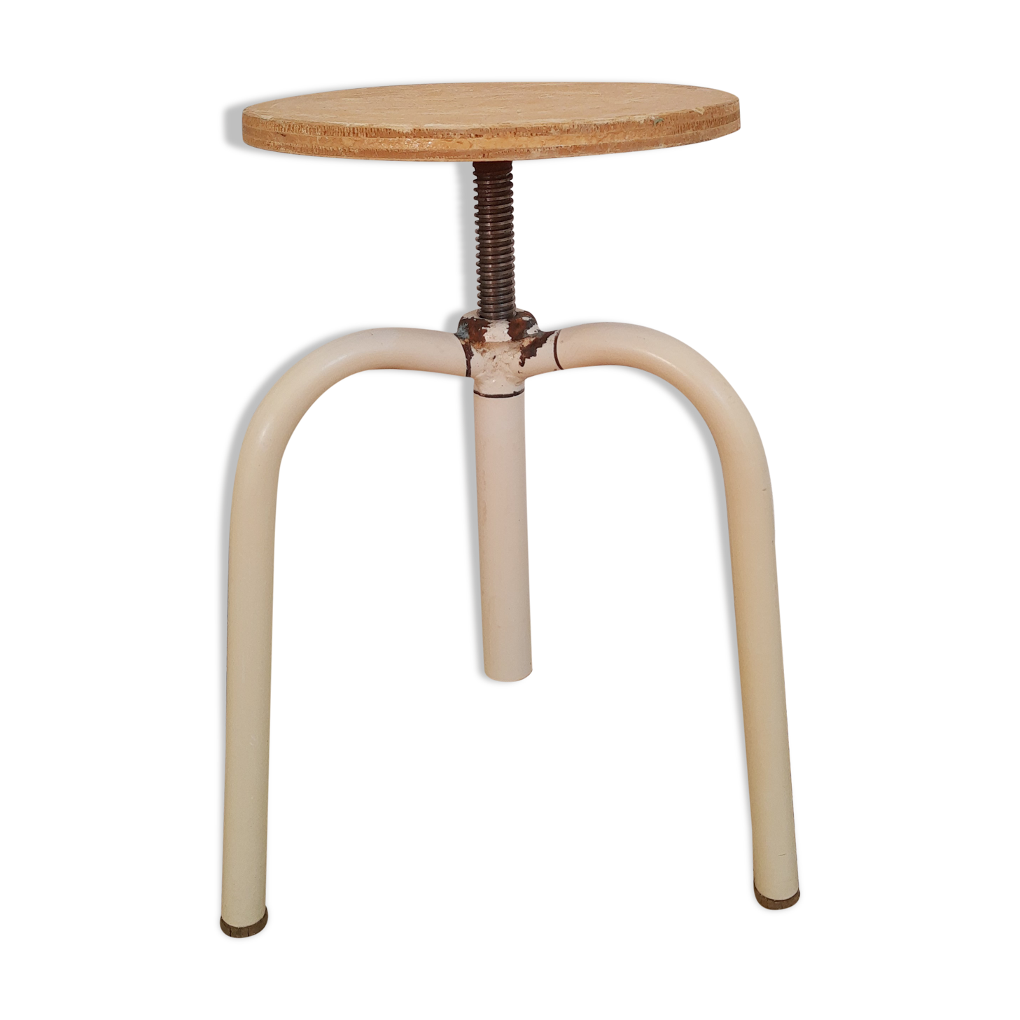 Wood & metal tripod workshop stool with industrial screws