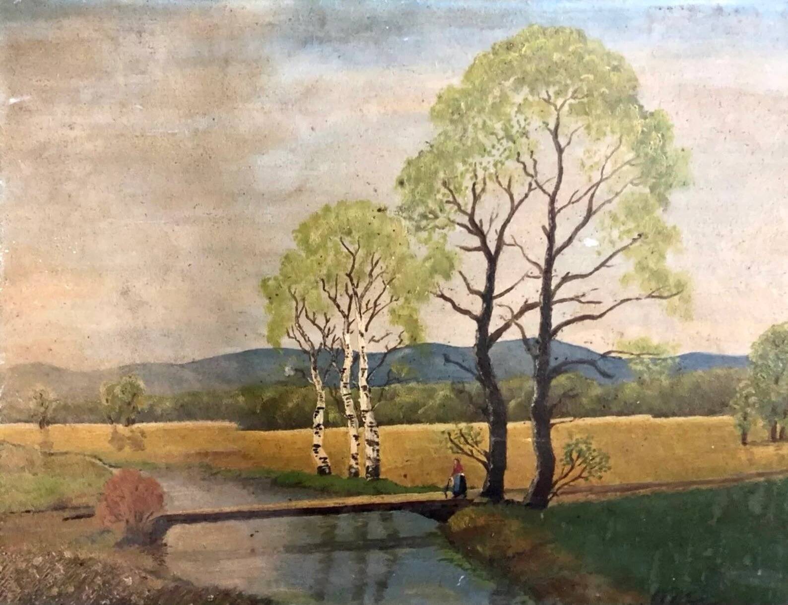 Vintage 1940s French Barbizon‑Style Oil on Cardboard – Peasant by the River