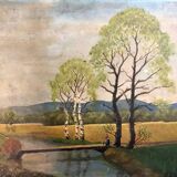 Vintage 1940s French Barbizon‑Style Oil on Cardboard – Peasant by the River